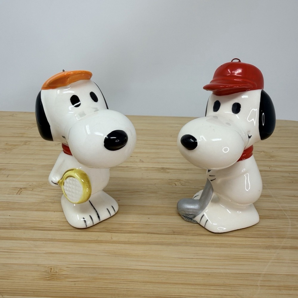 Vintage Snoopy Ceramic Tennis & Golf Player Christmas Ornament Japan 1966 UFS